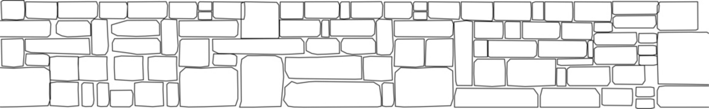 Technical vector illustration of a natural stone wall elevation, featuring an irregular masonry pattern and organic rock textures in line art.