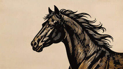 Detailed woodcut style illustration of a horse head in black and gold over a vintage textured background.