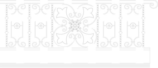 Fototapeta premium Technical vector illustration of decorative wrought iron railing elevations, featuring complex floral and scroll patterns in black line art.
