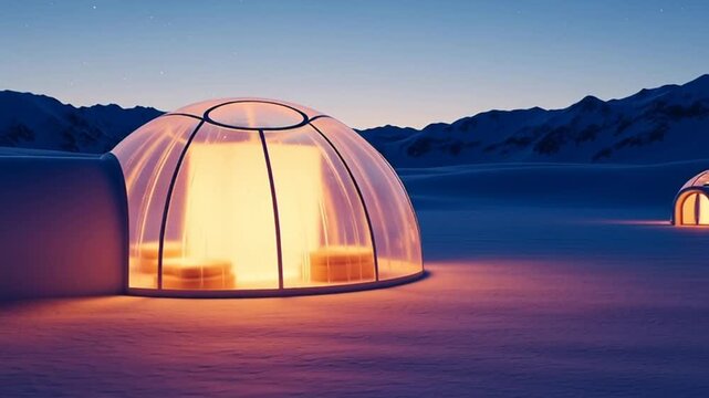 Cozy Igloo Domes in a Snowy Landscape at Dusk.
