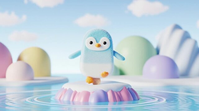 Cute Penguin Ice Cream Bar Floating on Water in a Pastel Dreamscape.