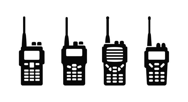 Four black walkie talkies displayed in a simple silhouette