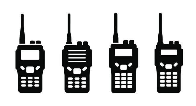 Four walkie talkies displayed in a black graphic silhouette