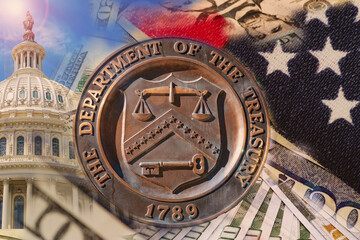 Government finance concept with Treasury seal, U.S. Capitol, dollars and American flag background © kosoff