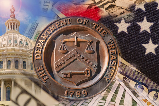 Government finance concept with Treasury seal, U.S. Capitol, dollars and American flag background