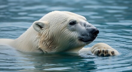 A polar bear swimming in the ocean with its head above water