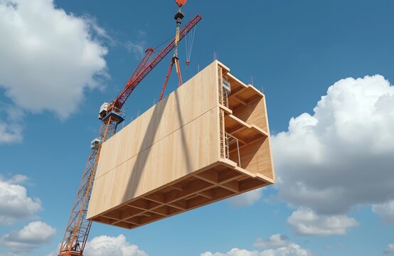 Crane lifts wood module for building. Prefab wood structure is assembled for high rise construction. Sustainable timber house assembly with modern eco building tech.