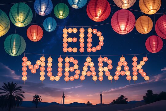 Colorful lanterns celebrating the joyous message of eid mubarak against a night sky