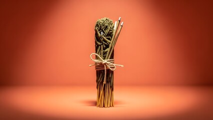 A bundle of sage sticks tied with twine on a terracotta background