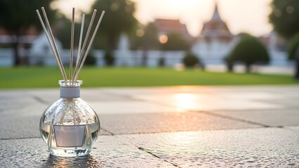 A reed diffuser sits on a stone patio in a serene outdoor setting