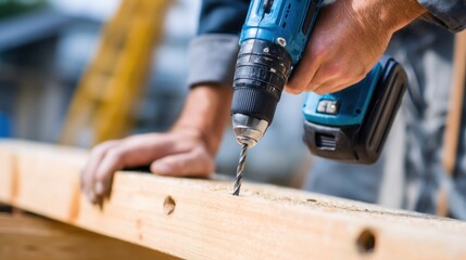 Man drilling into wood plank with blue cordless drill. Carpenter performing woodwork for home renovation and construction. DIY project concept.