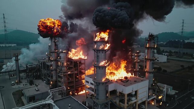 Large fire and explosion at industrial refinery plant with thick black smoke rising into the sky. Emergency situation with burning towers and intense flames at factory complex.