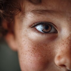Obraz premium Close up of a boy with freckles and brown eyes. Human eye detail showcasing skin texture and childhood innocence. Vision and beauty concept.