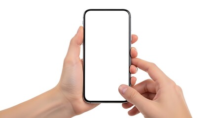 Holding a smartphone with a blank white screen in both hands against a plain white background