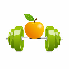 Fototapeta premium Jabłko na sztandze z ciężarami – zdrowe odżywianie, fitness, dieta i aktywny styl życia.