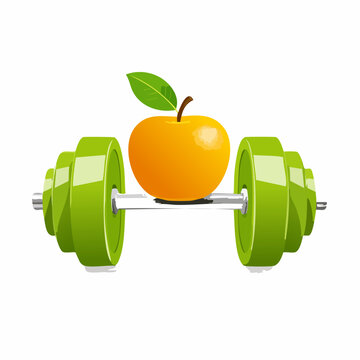 Jabłko na sztandze z ciężarami &ndash; zdrowe odżywianie, fitness, dieta i aktywny styl życia.
