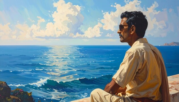A thoughtful individual gazes at a sun-drenched seascape. The sky is a painted canvas of clouds and light. The person is wearing sunglasses