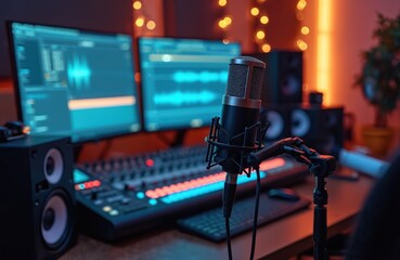 Fototapeta premium Recording studio setup with professional microphone mixing board and computer monitors. Audio equipment ready for music production podcasting or voiceover work. Modern tech for sound.