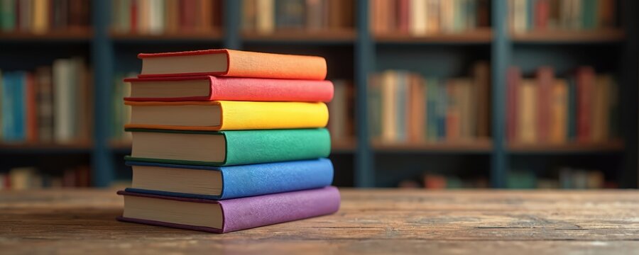 Stack of books with covers colored like pride flags on wooden table. Background shows blurred library shelves full of books. Represents diversity and inclusive stories.