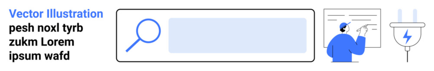 Obraz premium Online research, education, information management, energy solutions, interface design, data analysis. Search bar and magnifying glass with educational and energy-related icons. Research