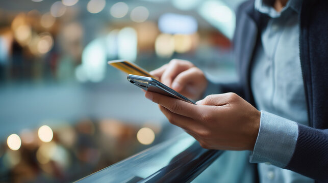 Person in shopping mall using mobile loyalty app, consumer with phone showing bonus program cards display, customer rewards for discounts or special offers access, digital retail b
