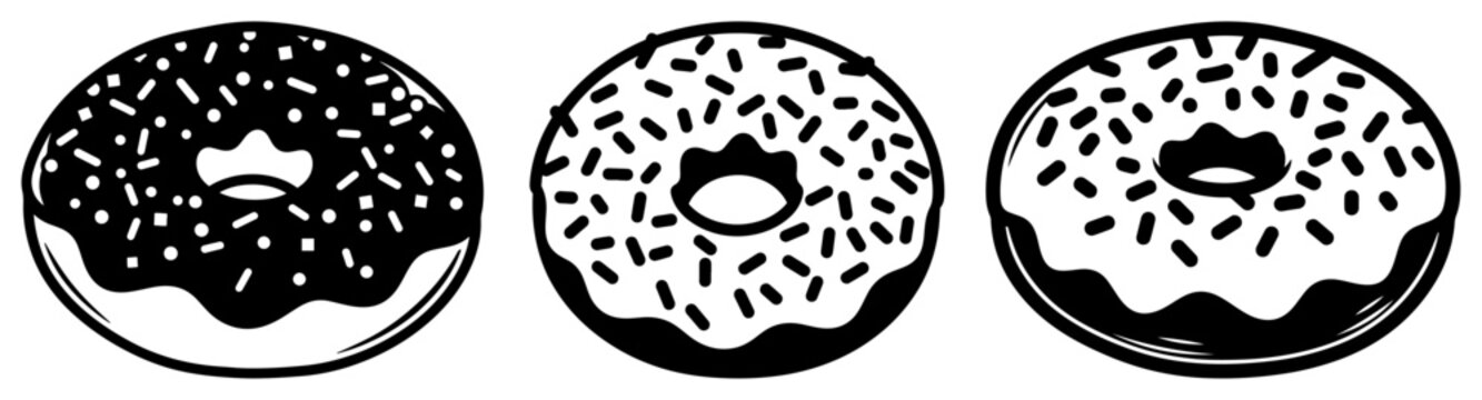 Set of three delicious glazed donuts with sprinkles in black and white style