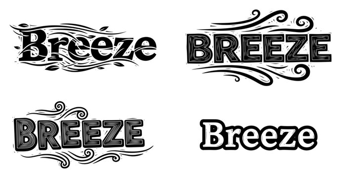 Set of decorative hand drawn lettering designs for the word breeze