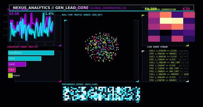 Futuristic AI Analytics Dashboard Interface with Real Time Data Visualization, Marketing Performance Metrics, Neon Cyberpunk HUD UI for Business Intelligence