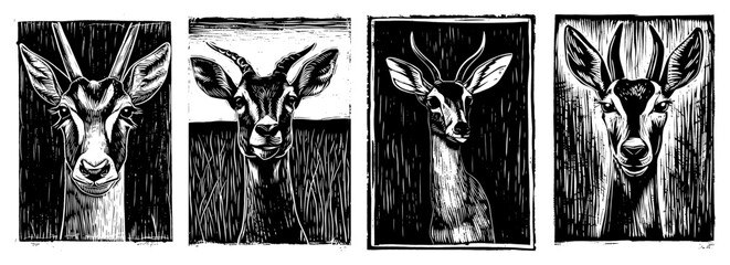 Set of four linocut style antelope and gazelle portraits with horns © Camel