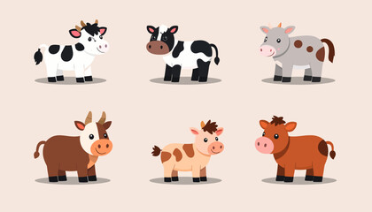 Obraz premium Cute Cartoon Cows Collection Isolated on Background