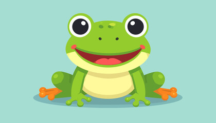 Fototapeta premium Cute Cartoon Frog Sitting and Smiling on Light Blue Background
