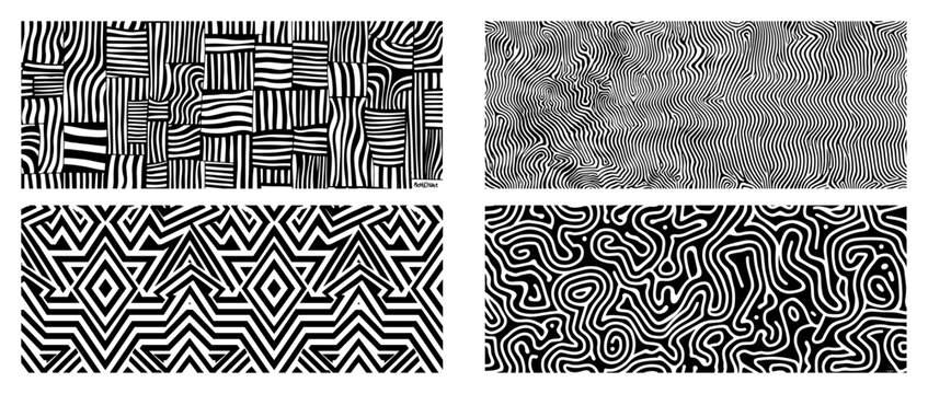Complex geometric and organic optical illusion patterns with woven and tribal textures