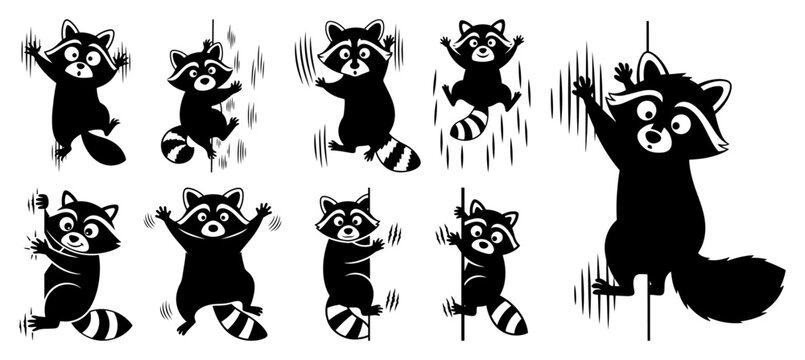 Collection of cute cartoon raccoons climbing and scratching vertical surfaces