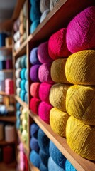 Colorful Yarn Spools Organized on Wooden Shelves