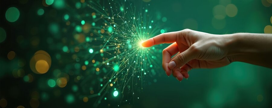 Finger touches glowing digital network. Abstract lines connect bright points on dark green background with bokeh. Virtual data transfer, future tech concept.