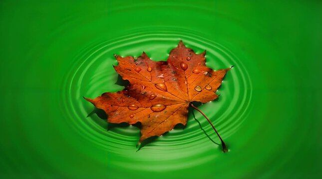 Detailed Close Up of a Wet Orange Maple Leaf with Droplets on a Green Surface with Water Ripples Creates an Artistic and Tranquil Composition