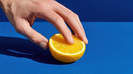 Hand Picking a Slice of Fresh Orange on Blue Background