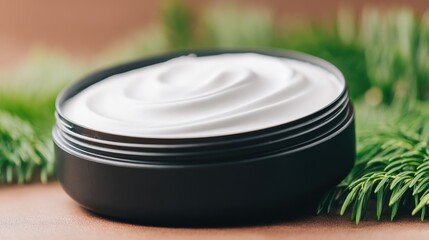 Hydrating Cream in a Black Jar Surrounded by Greenery