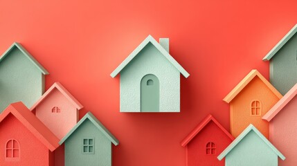 Colorful House Models on Red Background
