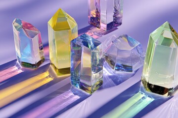Colorful Crystals Casting Shadows on Pastel Background