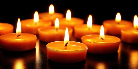 Set of Glowing Orange Candles Flickering in the Dark