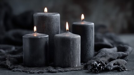 Set of Black Candles with Flickering Flames on Dark Table
