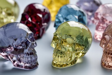 Colorful Decorative Glass Skull Figurines on a Light Background
