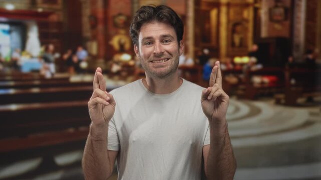 Young hispanic man in white tshirt smiling with crossed fingers gesture and visible hands inside catholic church building pews; hopeful prayer.