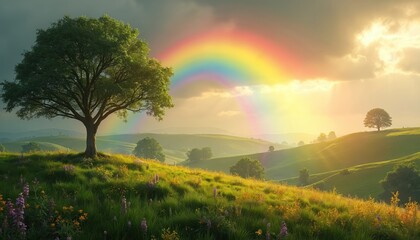 Naklejka premium Green rolling hills with a vibrant rainbow arching across a dramatic sky. A lone tree stands on a grassy mound with wildflowers, bathed in soft sunlight after rain.