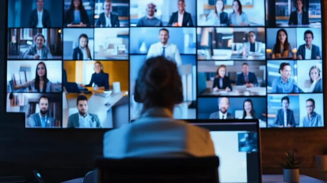 Rear view of woman in headphones attending virtual meeting with multiple colleagues on large wall display and laptop.