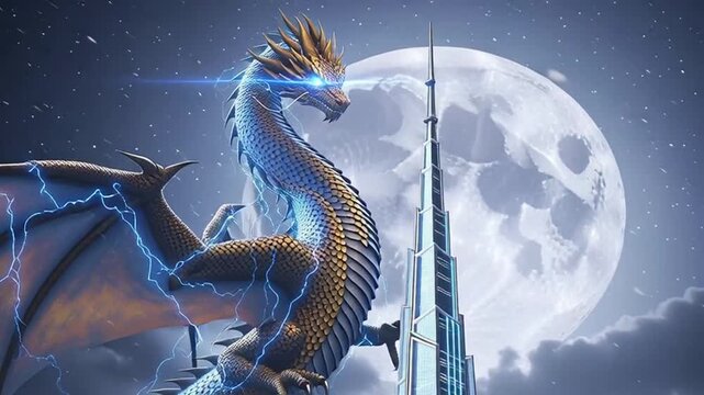 Majestic Dragon Coils Around Futuristic Skyscraper Under Full Moon.