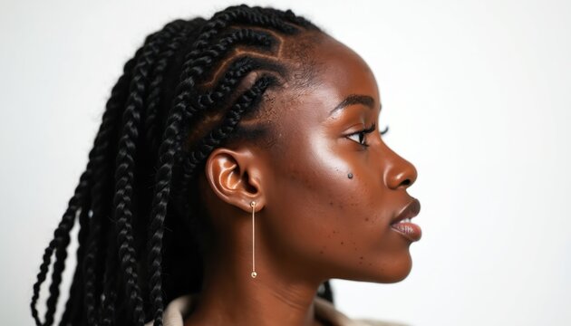 Profile woman dark skin textured with braided hairstyle. Female faces focus on complexion, skin blemishes, beauty, and diversity. Natural look skin tone variation, health.
