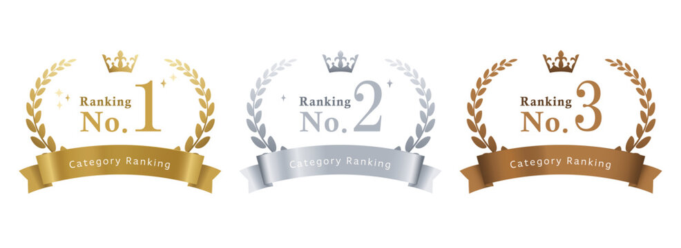 ランキング1位・2位・3位の王冠と月桂樹リボンバッジ 高級感のあるベクター素材セット
