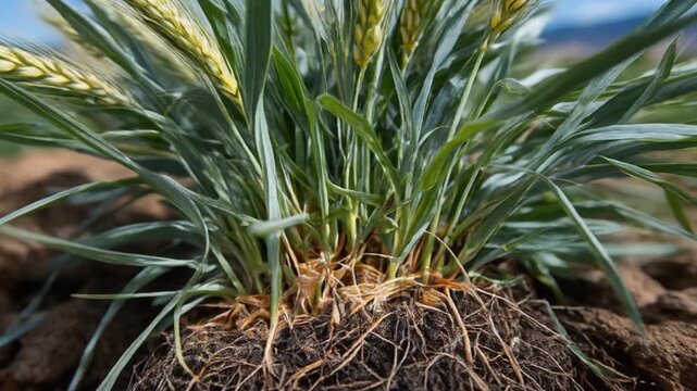 A close-up view of a plant shows its root system embedded in soil with long green leaves